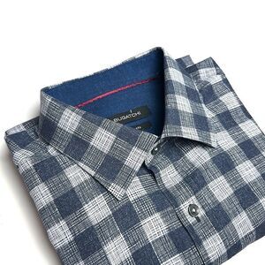 BUGATCHI Shaped Fit Shirt Button Down Plaid Blue Gray Cotton Neck 16,5